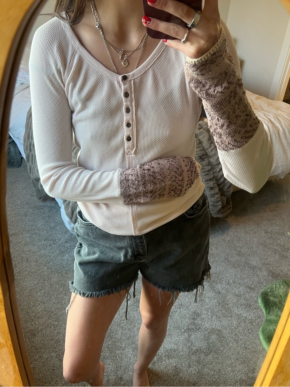 Women's Long-Sleeve Henley Top with Contrast Knit Cuffs - Cream/Brown